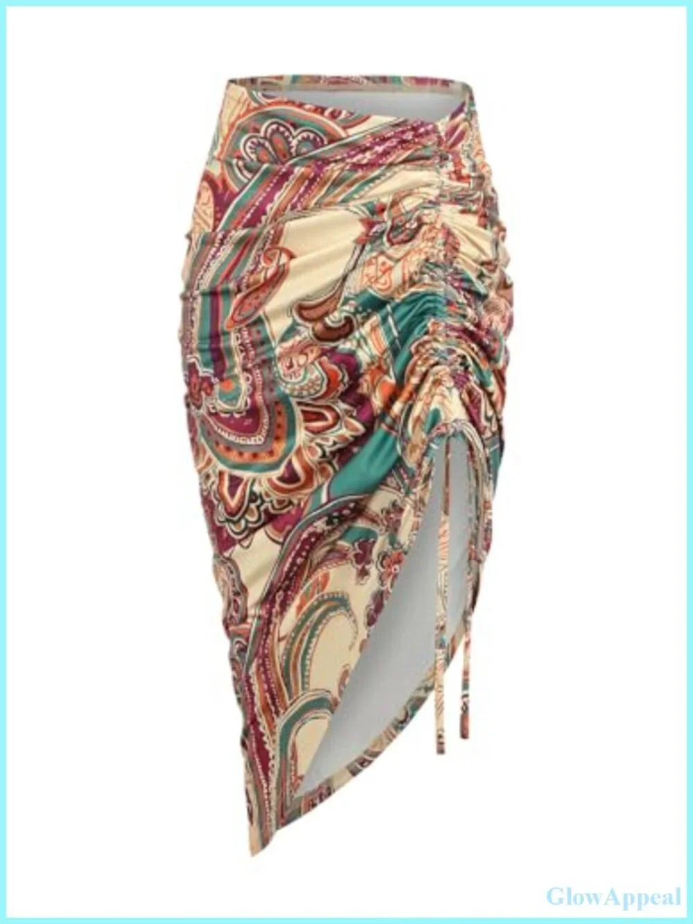 ZAFUL Women's Boho Asymmetrical Ruched Skirt with Drawstring, Floral Paisley